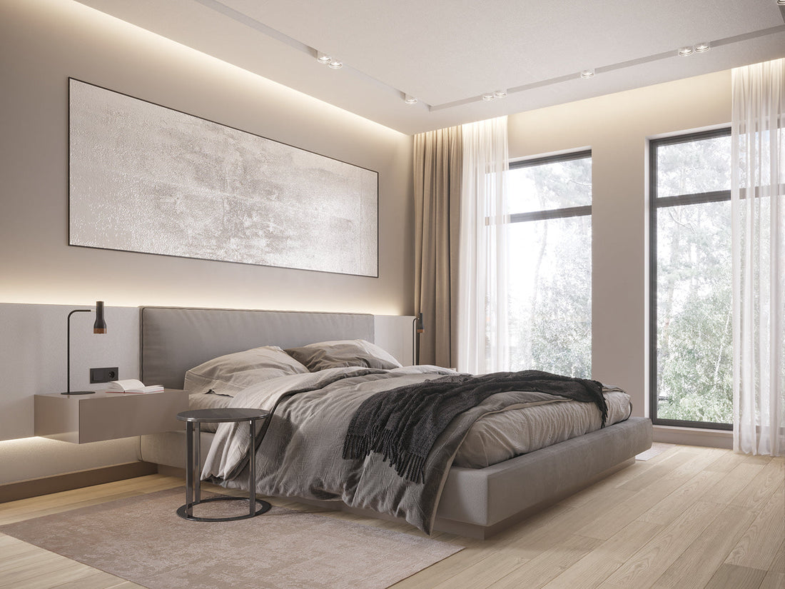 Modern minimalist bedroom featuring a sleek bed frame, neutral color palette, and natural light for a clean, contemporary look.