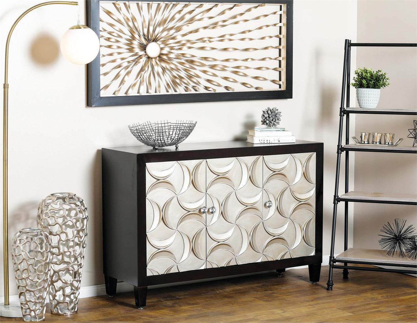 Black Moon Crescent Cabinet with Crystal Knobs – 2-Door Silver Accent Storage, 47"