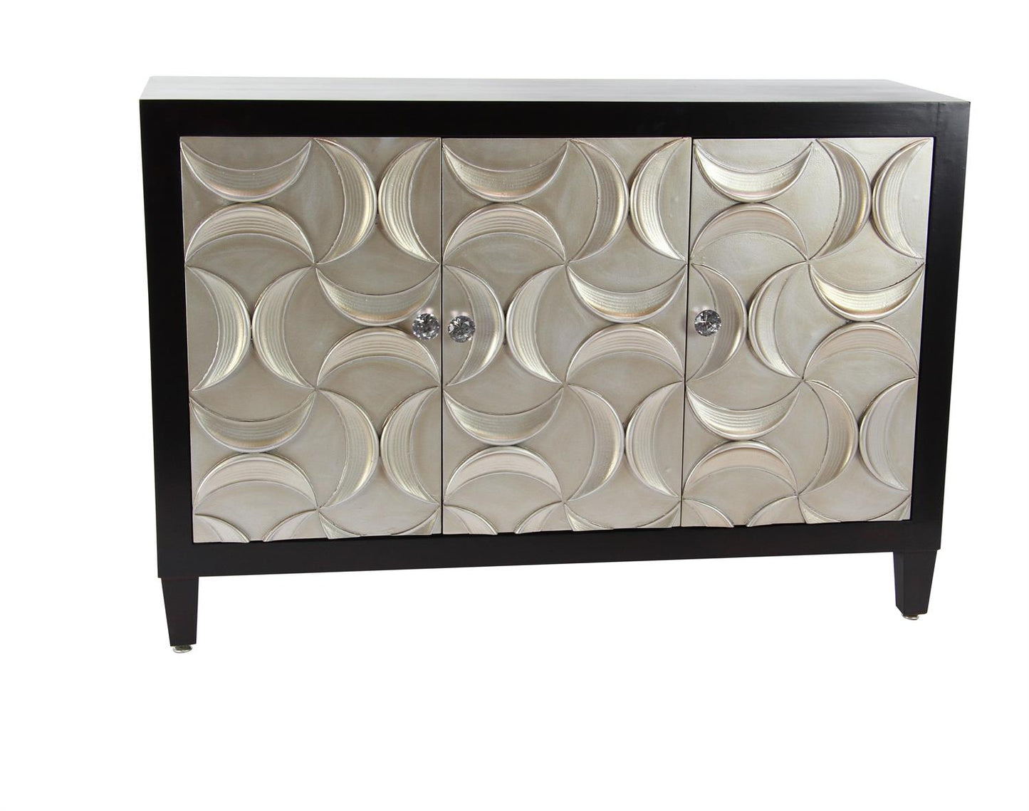 Black wood cabinet with silver crescent moon embossed design and crystal knob handles