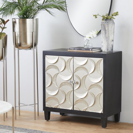 Compact 2-door moon-themed cabinet with matte black finish and tapered legs
