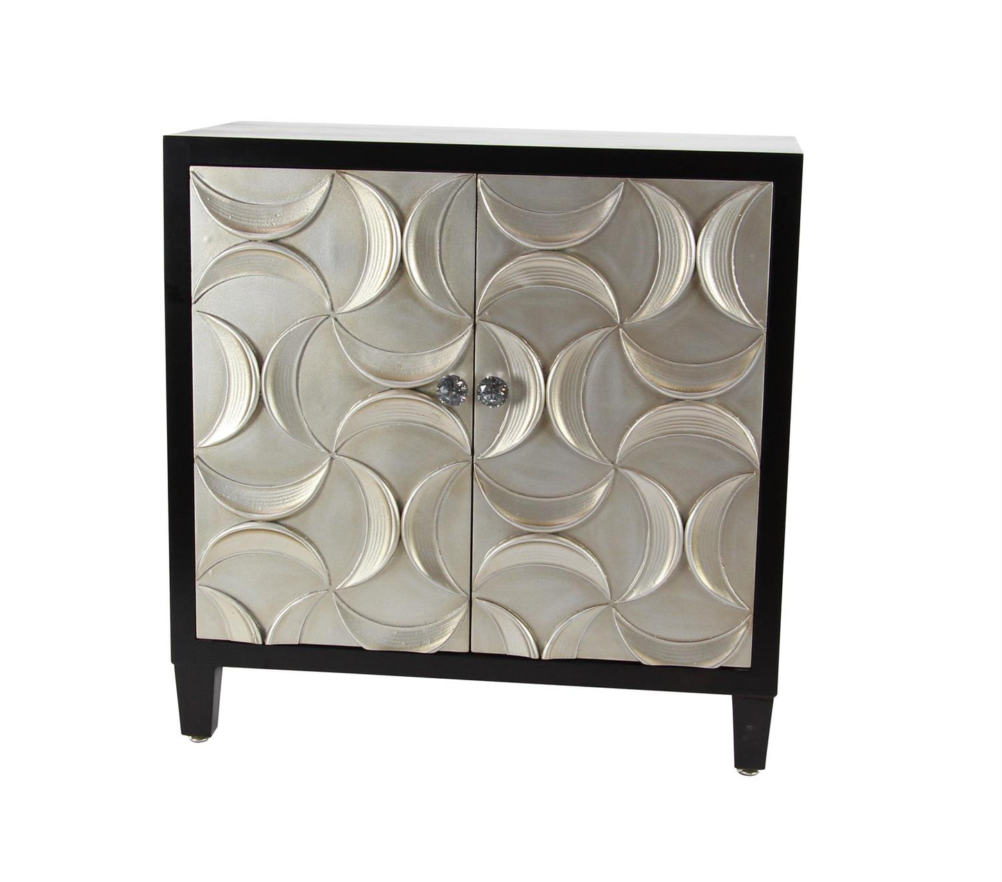 Small black cabinet with silver crescent moon carving and crystal knob handles