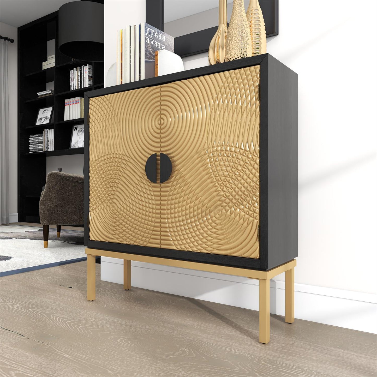 Bronze Ripple Door Cabinet with Crescent Moon Handles – 2-Door Geometric Storage, 30"