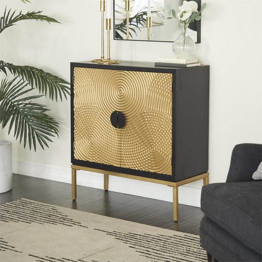 Compact bronze accent cabinet styled in modern entryway or bedroom