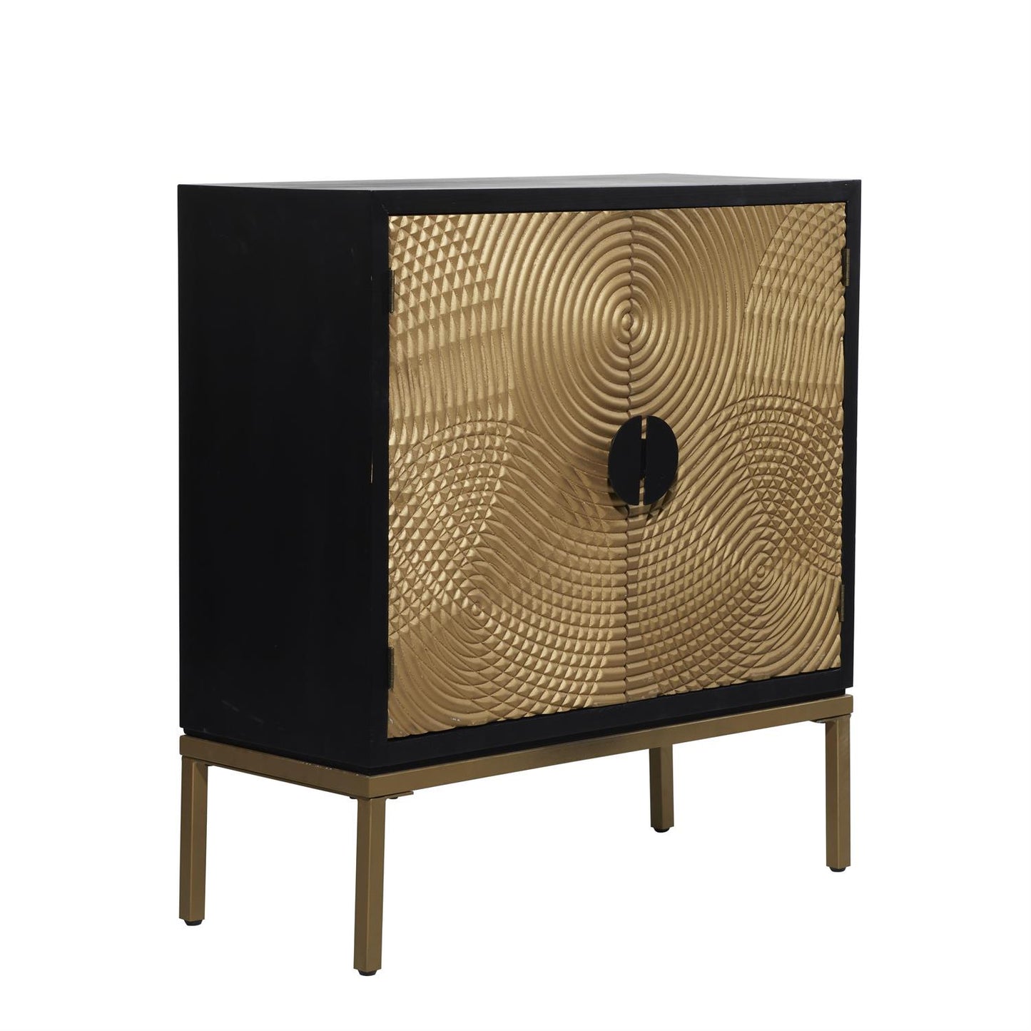 2-door geometric wood cabinet with satin bronze finish and iron legs