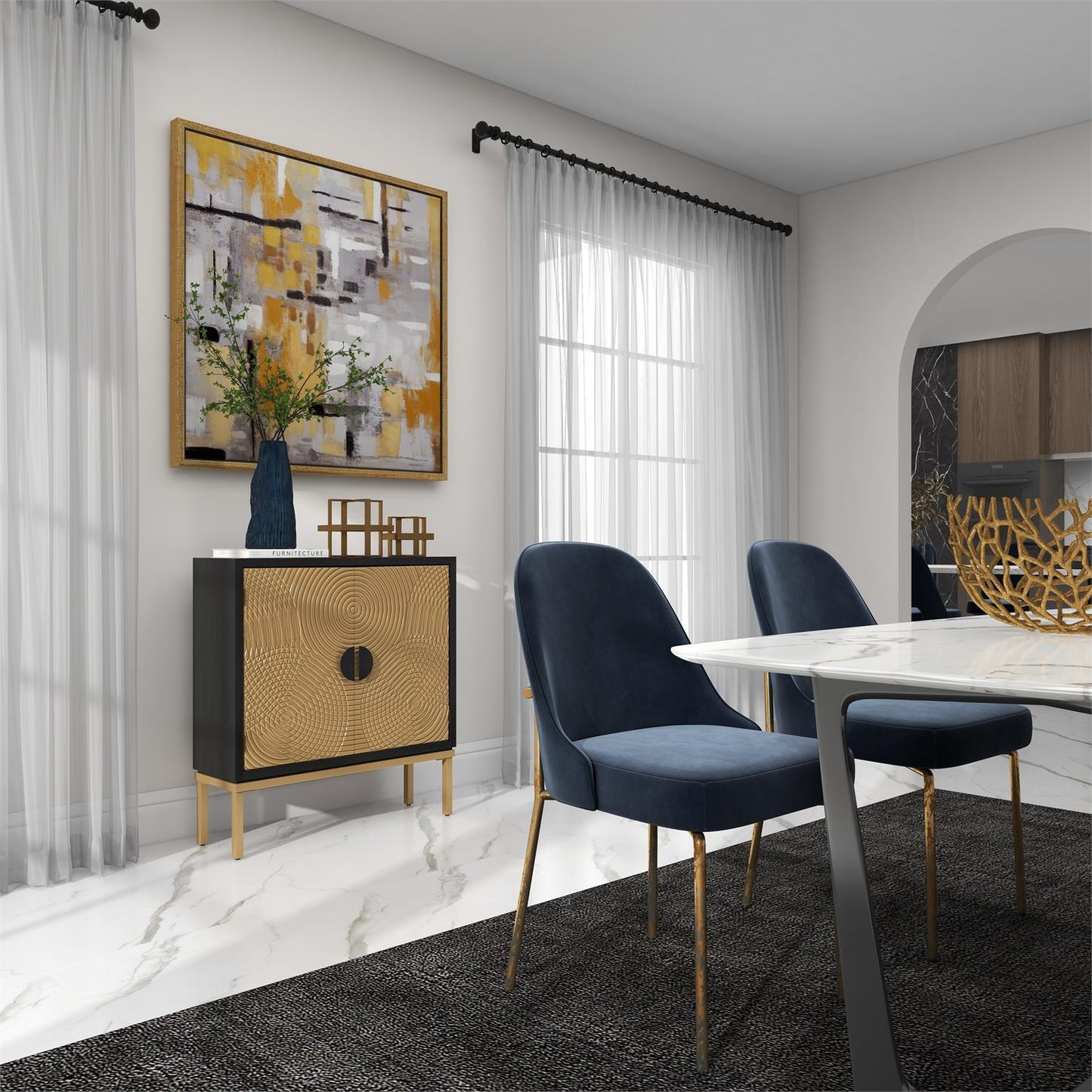 Compact bronze accent cabinet styled in modern entryway or bedroom