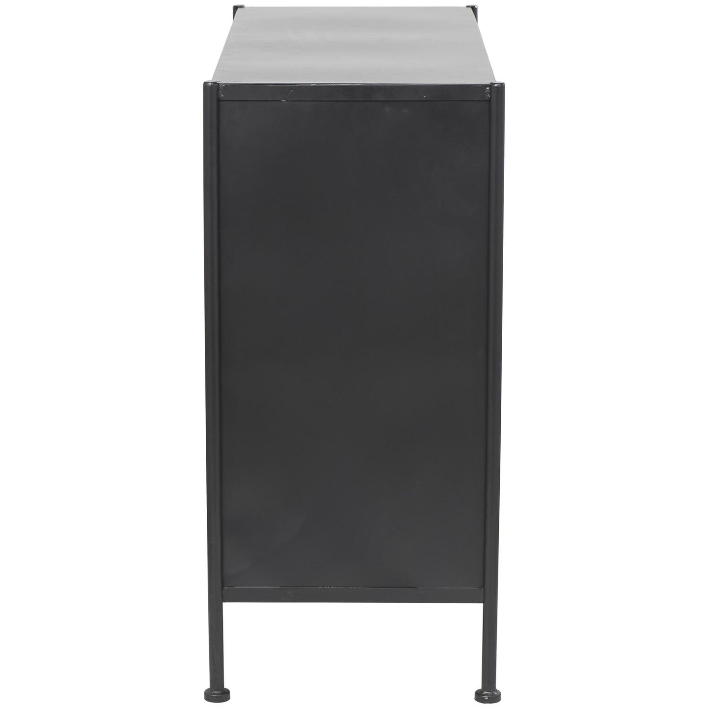 Angled view of black metal cabinet showing depth and glass door design with curved handles