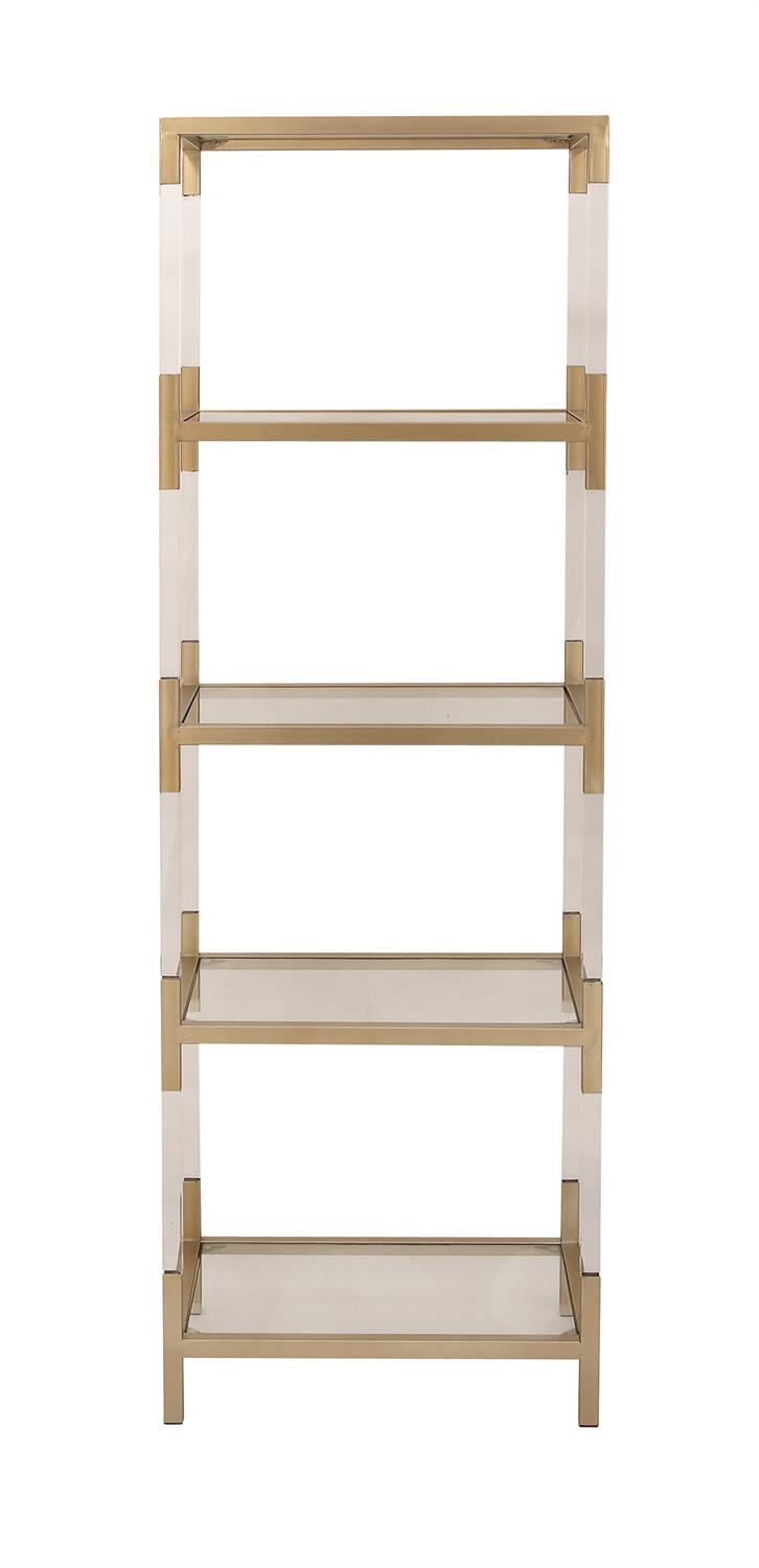 Tall gold shelving unit with acrylic legs and 5-tier glass structure