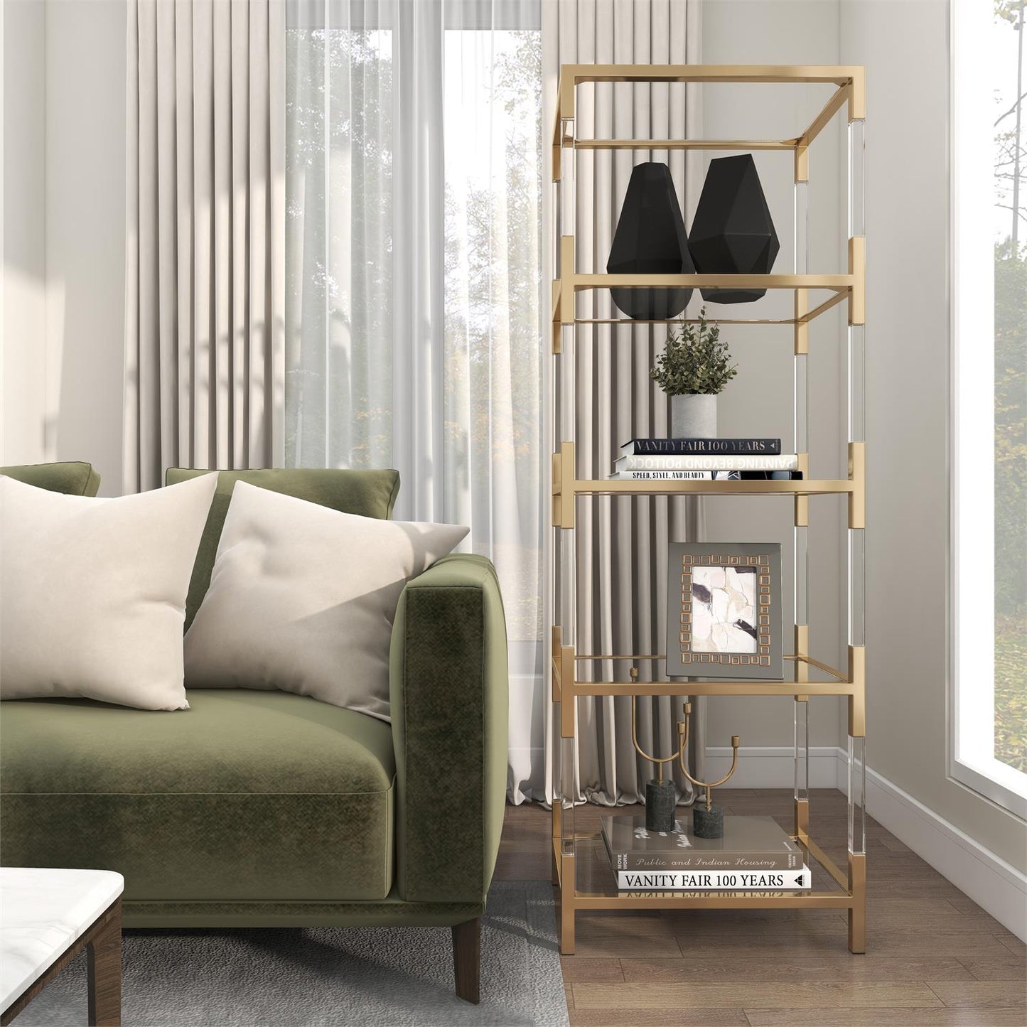 Gold & Acrylic 5-Tier Shelf – Minimalist Glass Display Unit, 69"