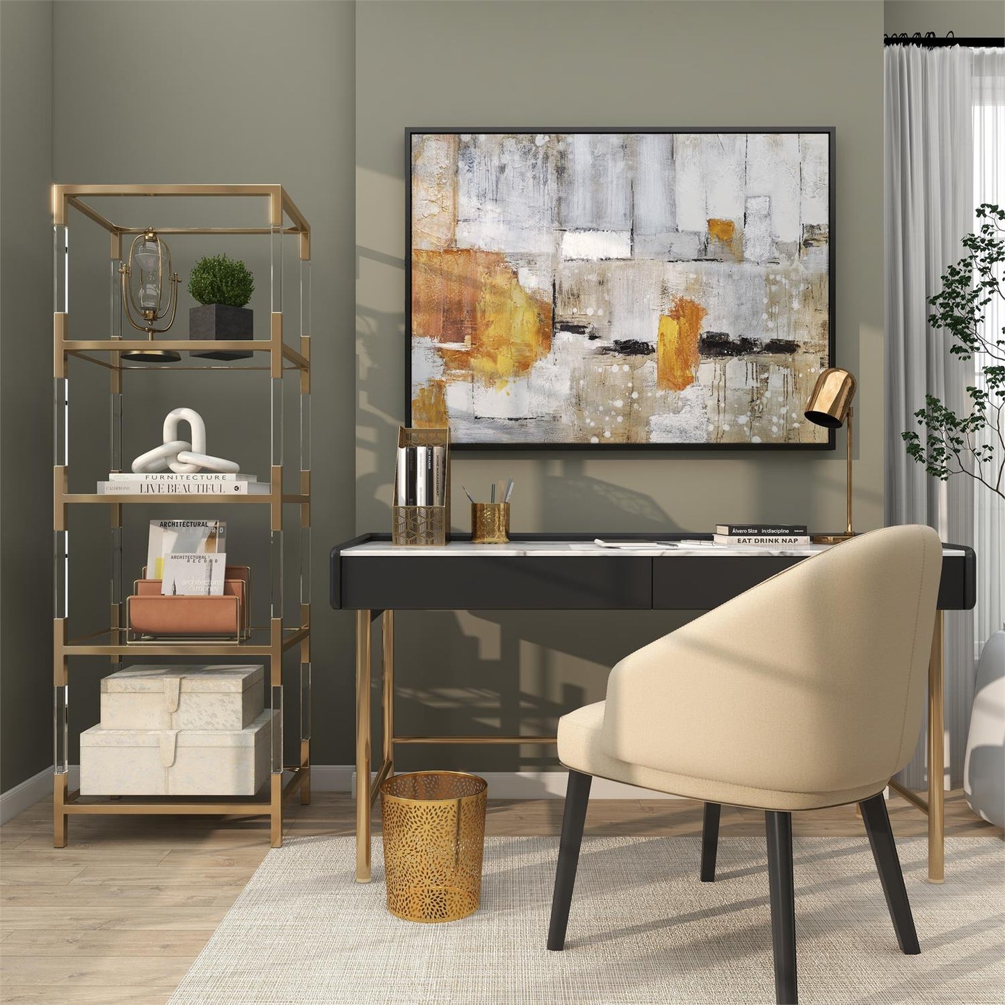 Gold & Acrylic 5-Tier Shelf – Minimalist Glass Display Unit, 69"