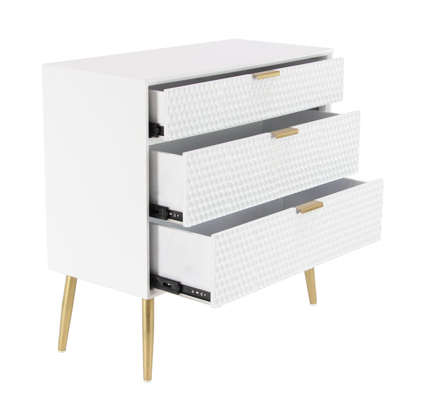 Embossed drawer front with slim gold bar handle on white cabinet