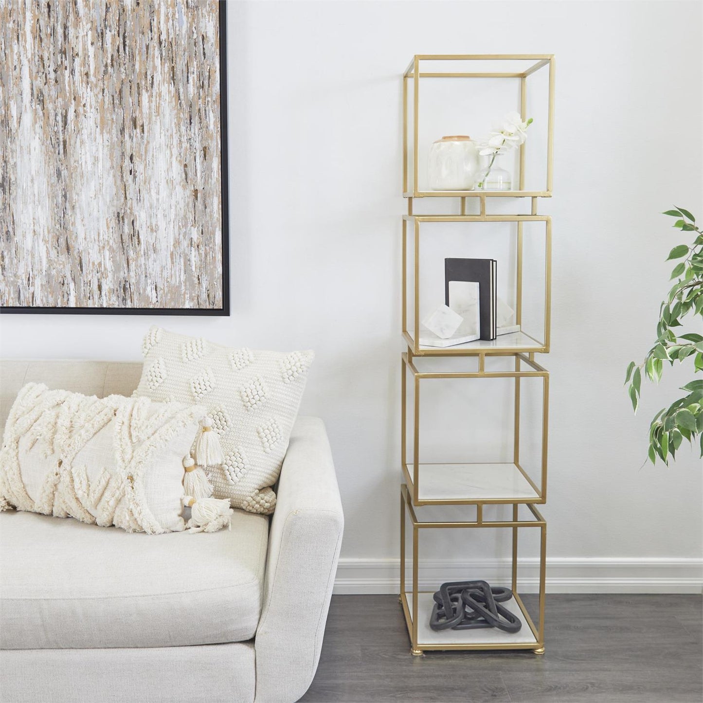 Gold Cube Shelf with Marble Tiers – 4-Level Modern Glam Storage, 62"