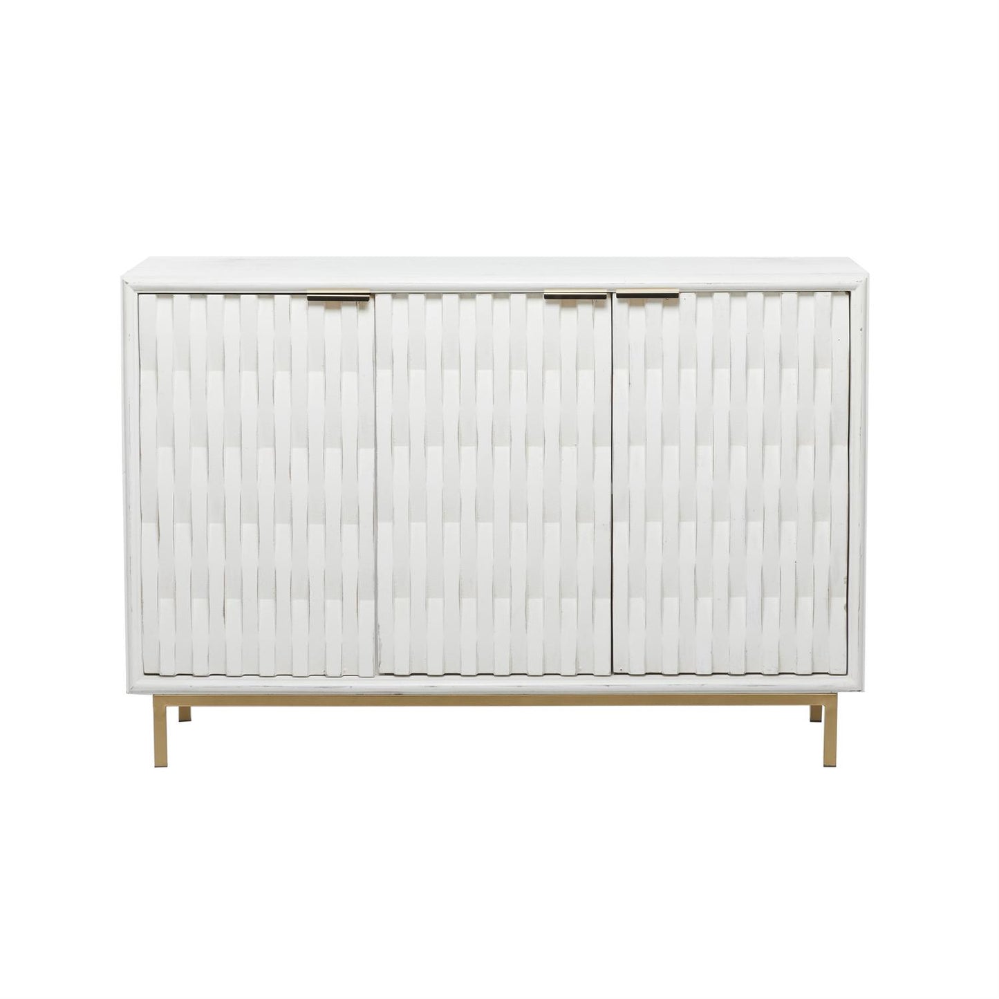 White 3-door cabinet with dimensional textured patterns and gold L-shaped handles