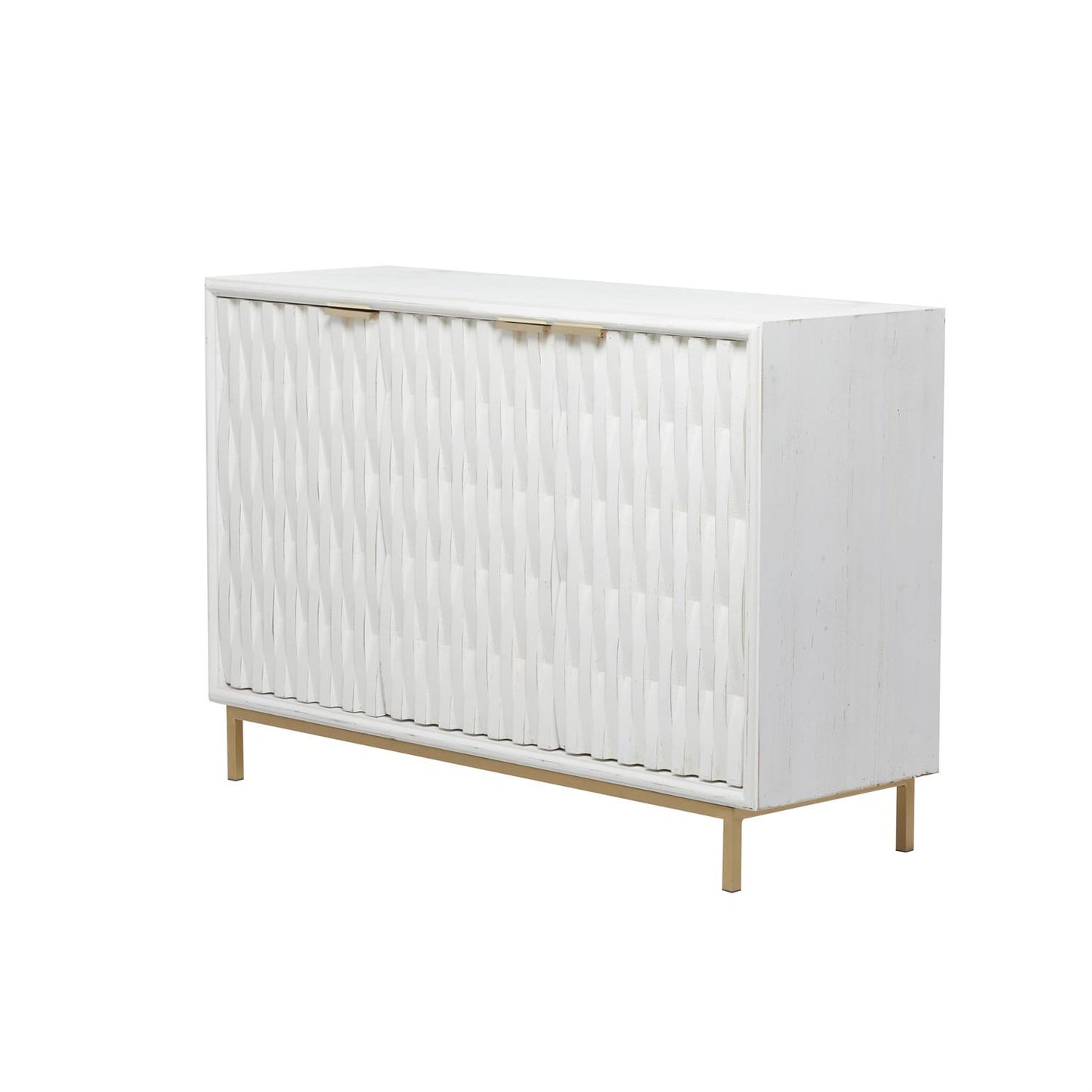 Modern geometric white cabinet with sculpted door details and metallic gold accents