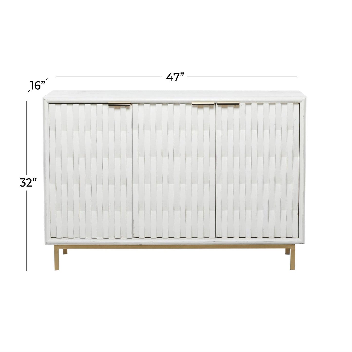 White Textured 3-Door Cabinet with Gold Accents – Geometric Storage, 47"