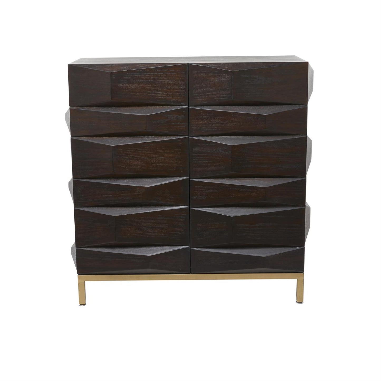 Dark brown wood cabinet with carved geometric doors and elevated gold base