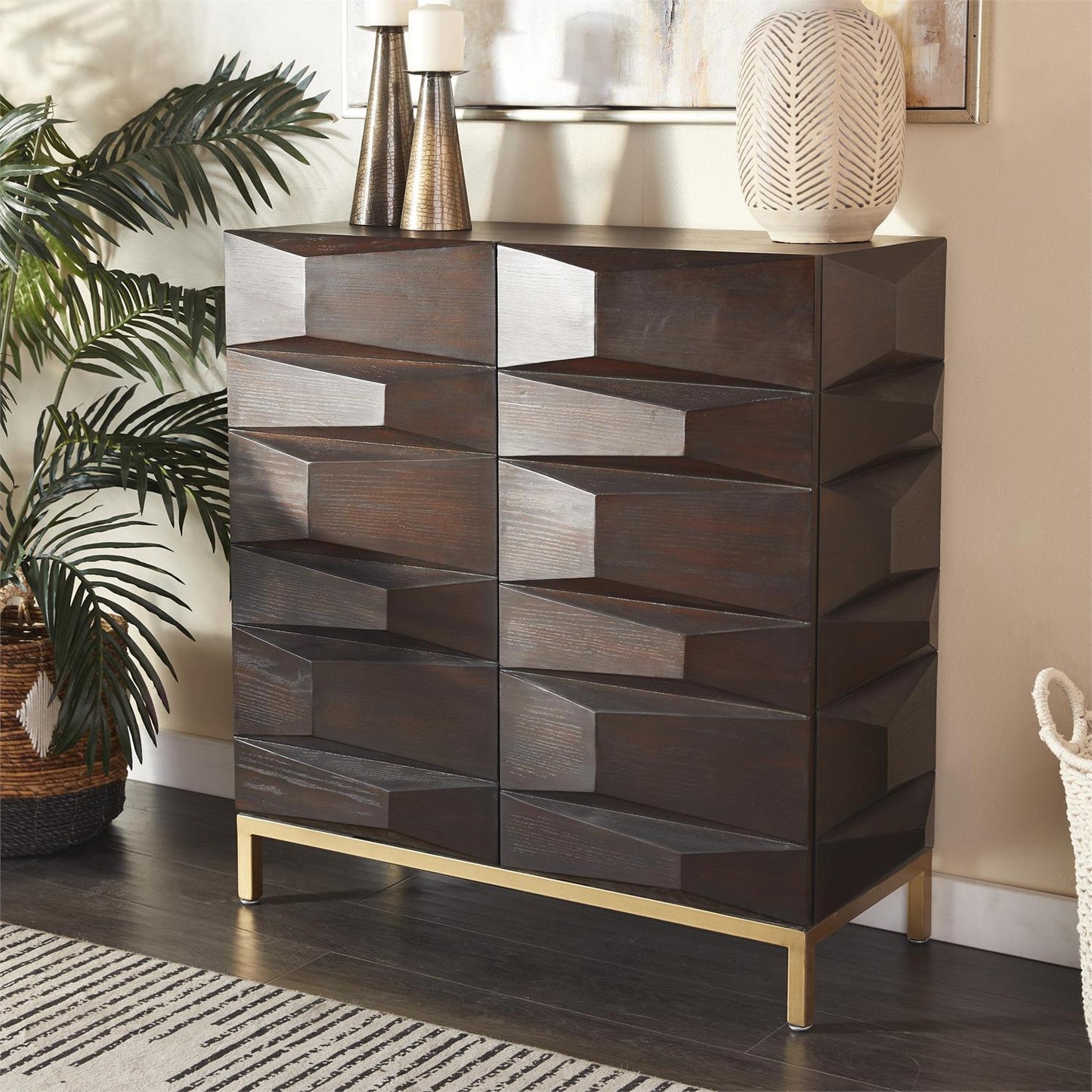 Modern 2-door cabinet with faceted texture and polished matte brown finish