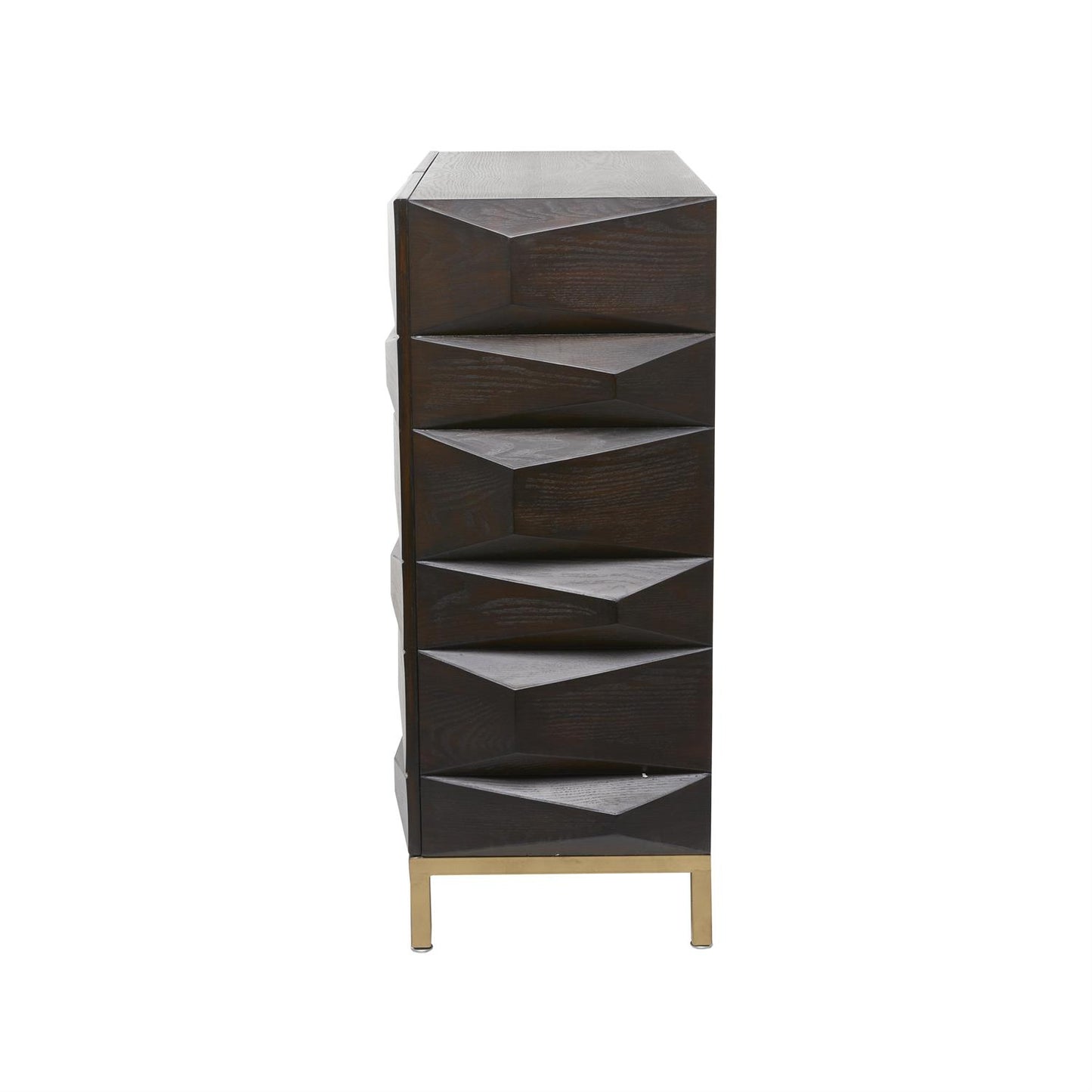 Dark Brown Wood 2-Door Cabinet with Gold Base – 37" Faceted Modern Storage