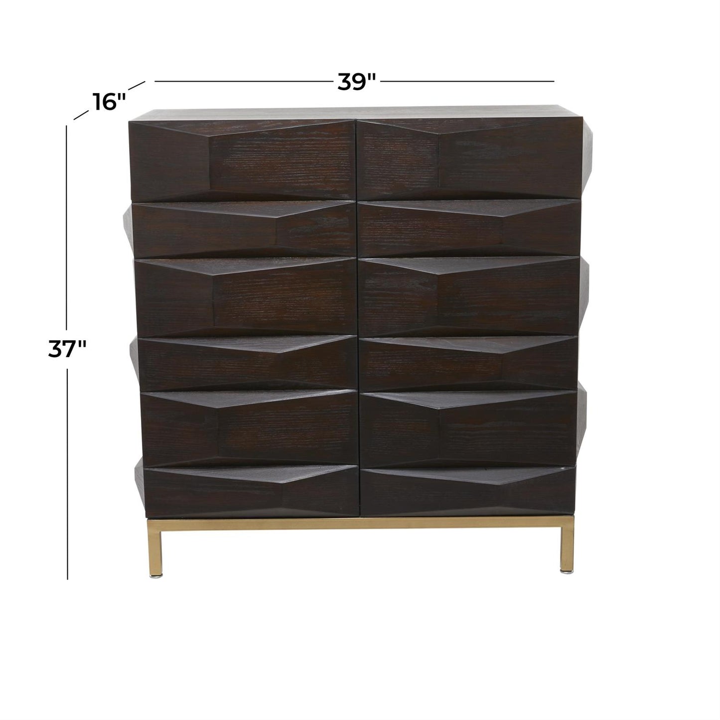 Dark Brown Wood 2-Door Cabinet with Gold Base – 37" Faceted Modern Storage