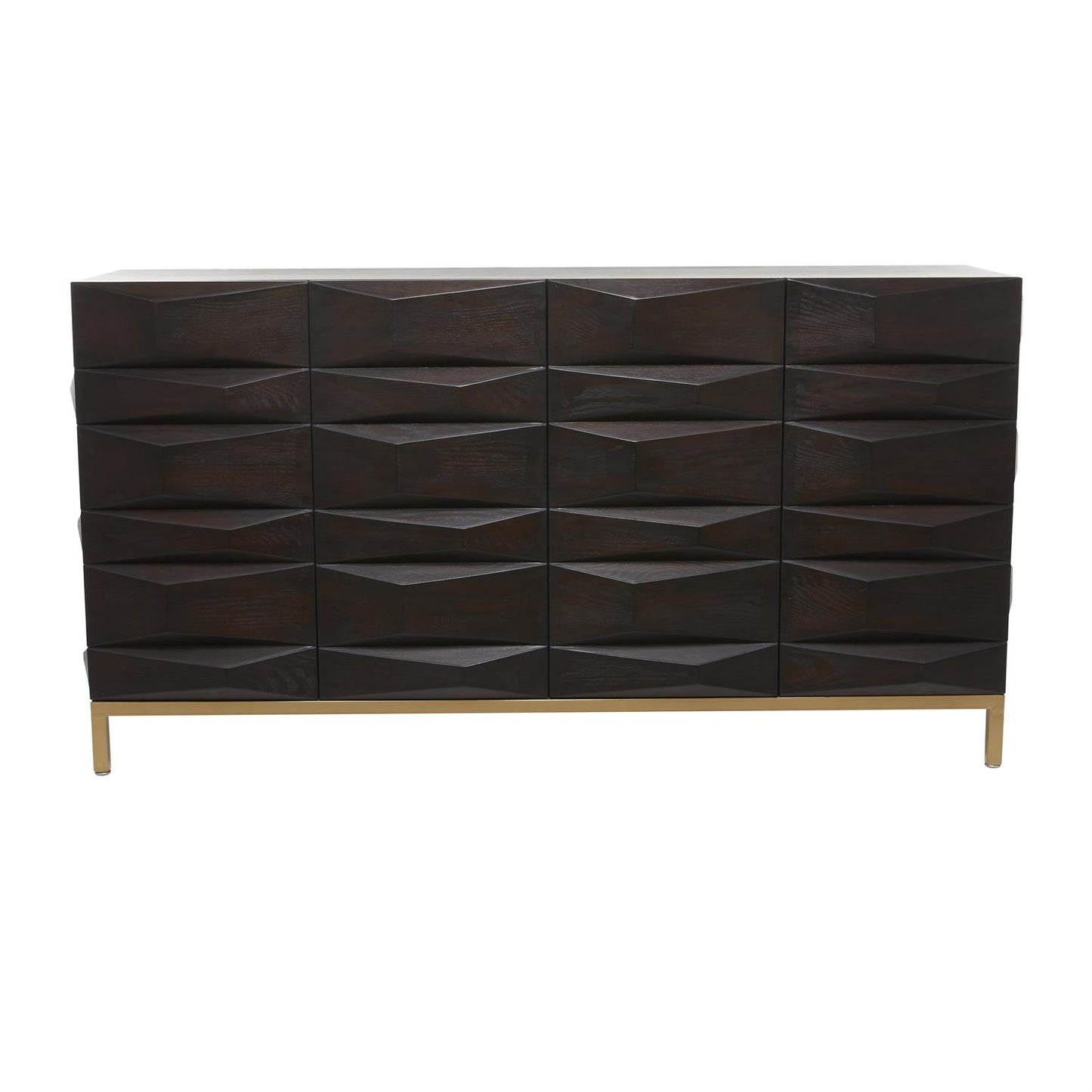 Dark brown 4-door sideboard with geometric carved design and gold base