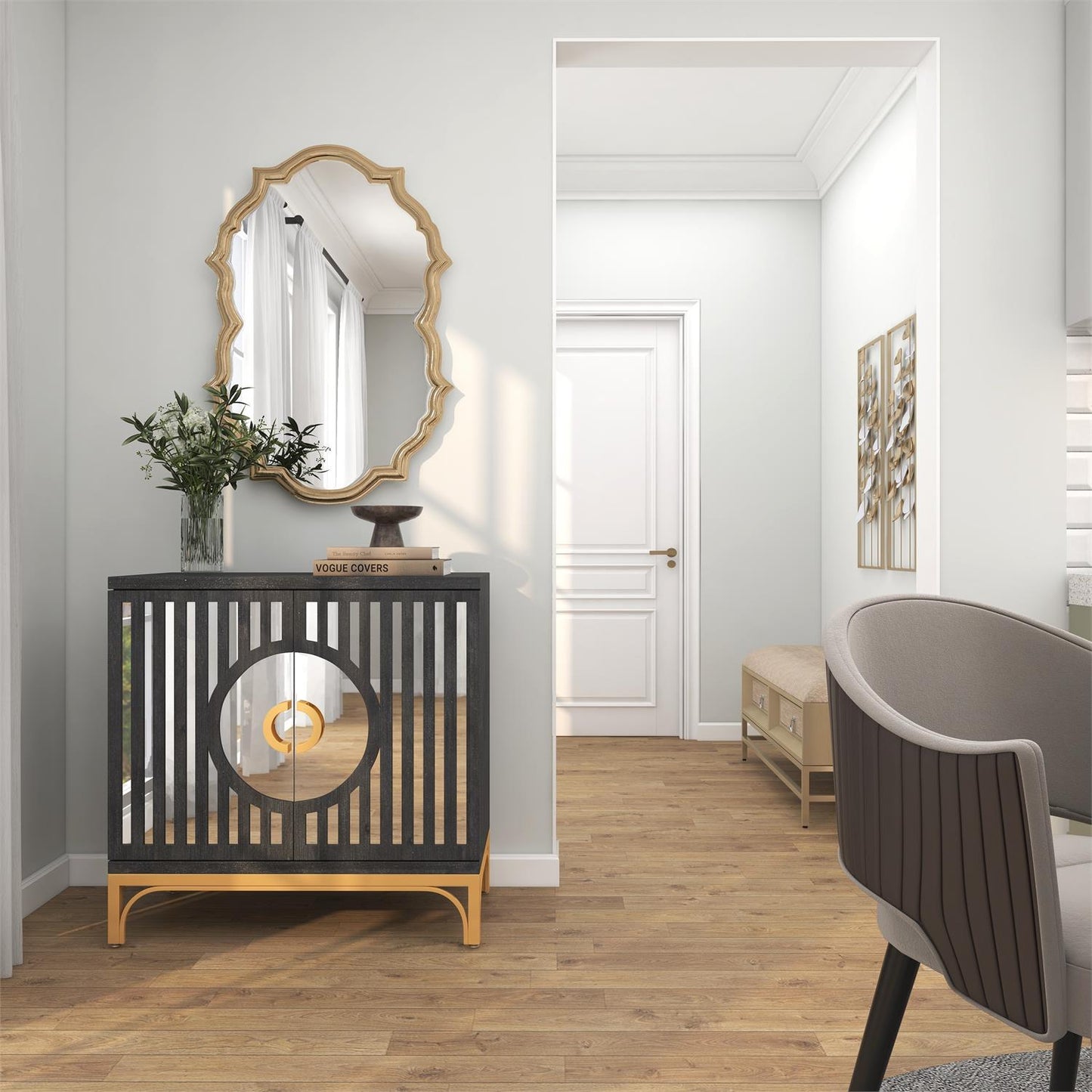 Black Geometric 2-Door Cabinet with Gold Legs – 32" Glass-Inlay Storage