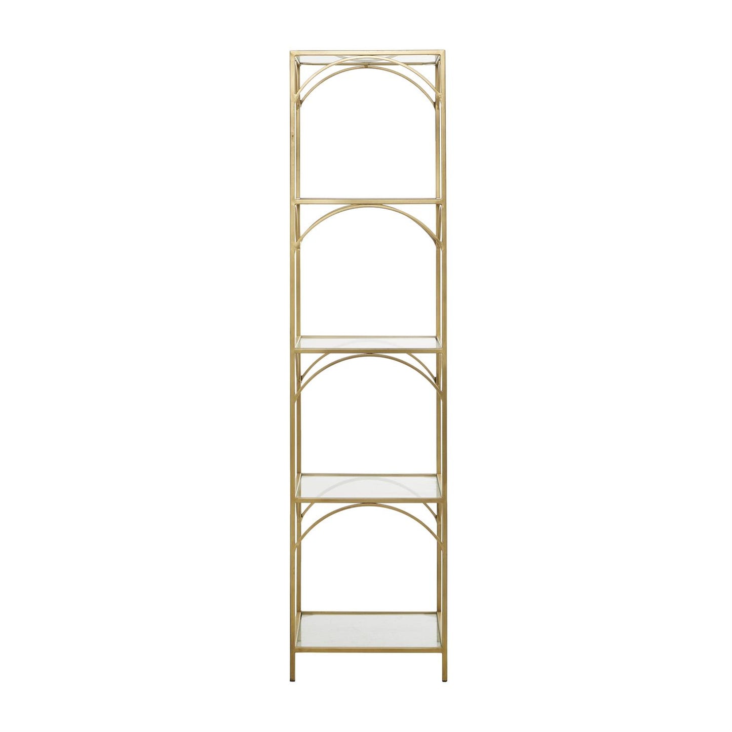 Tall gold metal shelf with 5 clear glass tiers and square frame design