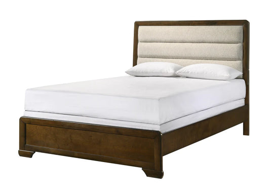 Coffield plush upholstered bed with warm wood frame and elegant classic design