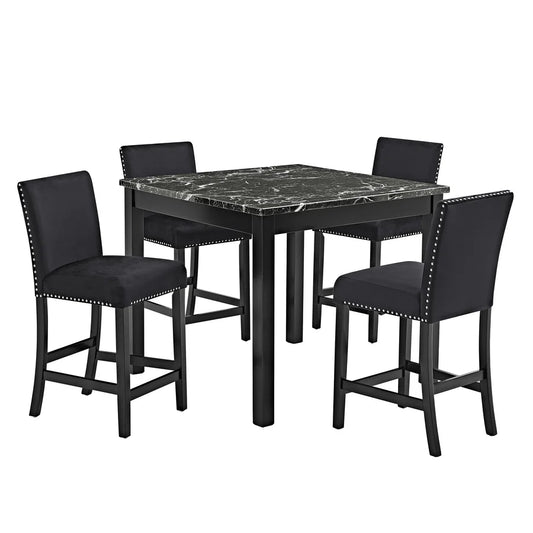 Lennon All-Black 5-Piece Counter Height Dining Set with Faux Marble Top & Velvet Chairs | Modern Glam Dining