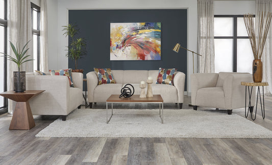 Modern cream fabric sofa and loveseat set with curved arms and colorful geometric accent pillows.”