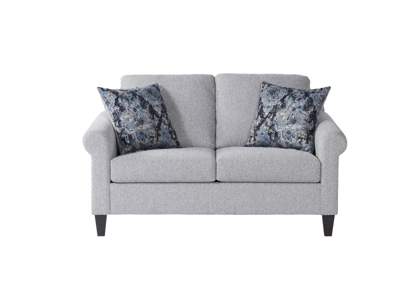 Gray sofa with two decorative pillows on a white background