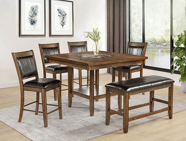 Dining room set with wooden table and chairs in a well-lit room.