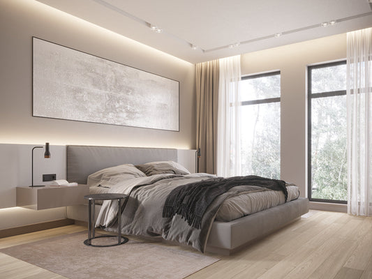 Modern minimalist bedroom featuring a sleek bed frame, neutral color palette, and natural light for a clean, contemporary look.
