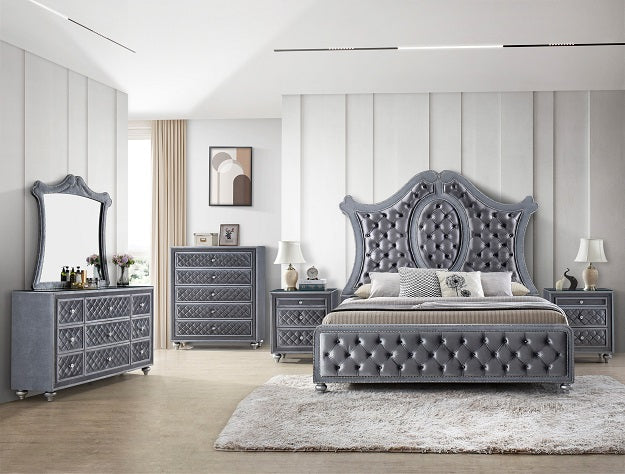 Cameo diamond-tufted gray dresser with eight drawers in a bedroom setting