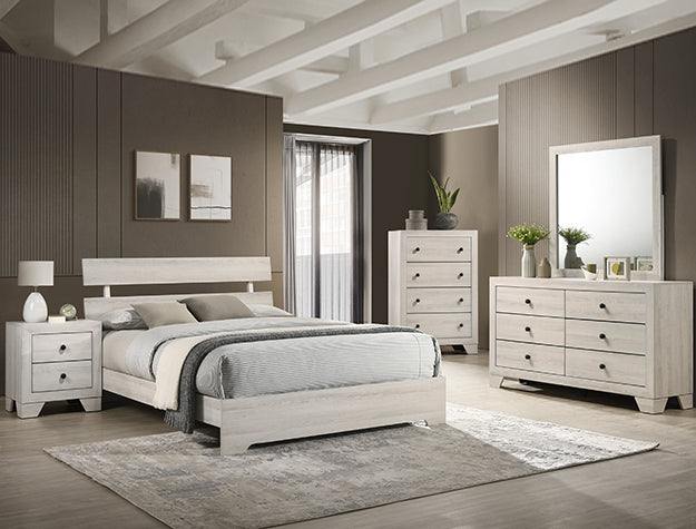 Atticus whitewashed bedroom set with bed, nightstand, chest, dresser, and mirror