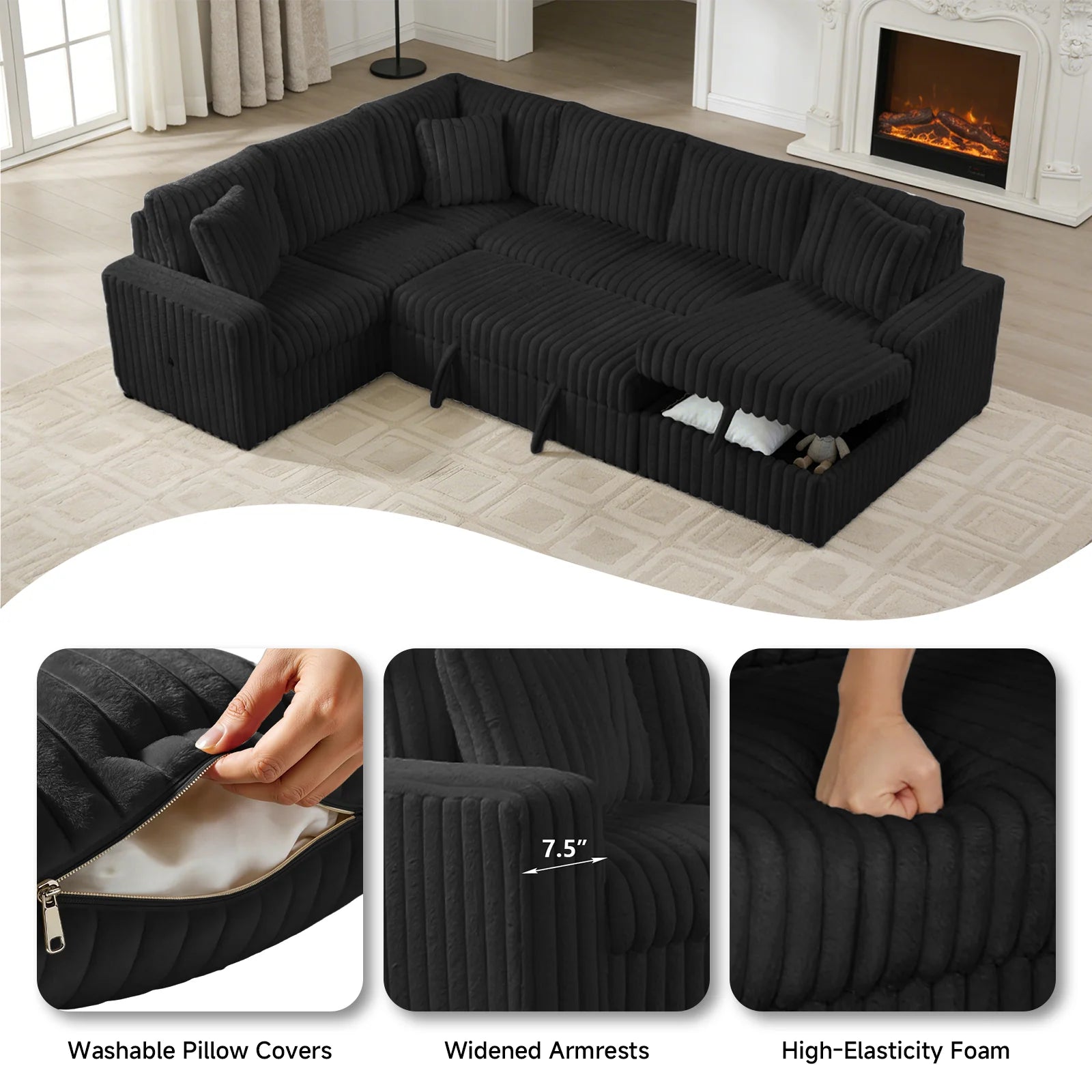 Black strip fabric U-shaped sectional sofa with pullout bed and storage compartment