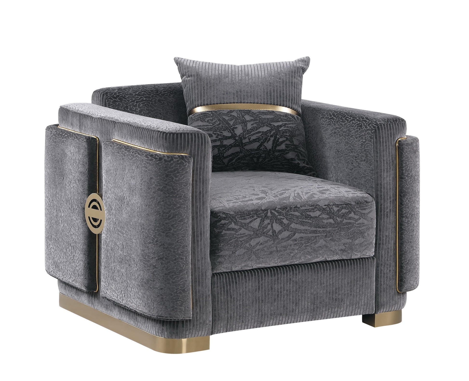 Capri Collection grey sofa, loveseat, and chair set with gold-tone trim and designer pillows in a modern living room