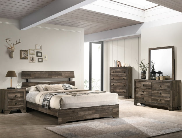 Atticus rustic plank platform bed with matching nightstand and dresser in bedroom setting