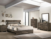 Atticus bedroom set with weathered brown finish including bed, dresser, mirror, and nightstand
