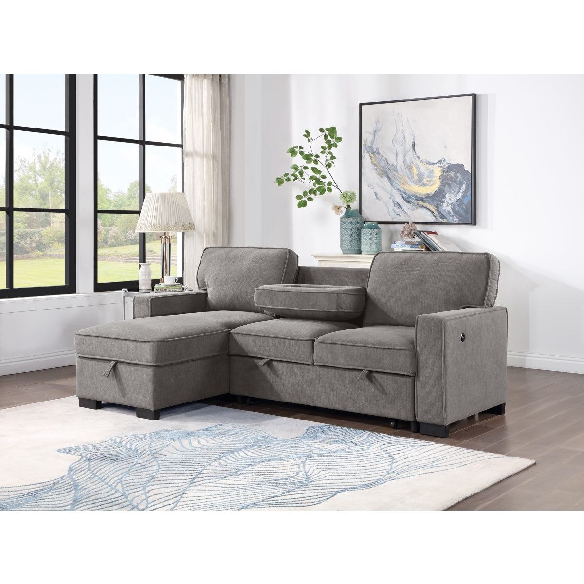 Gray fabric 2-piece sectional sofa with pull-out bed and storage chaise