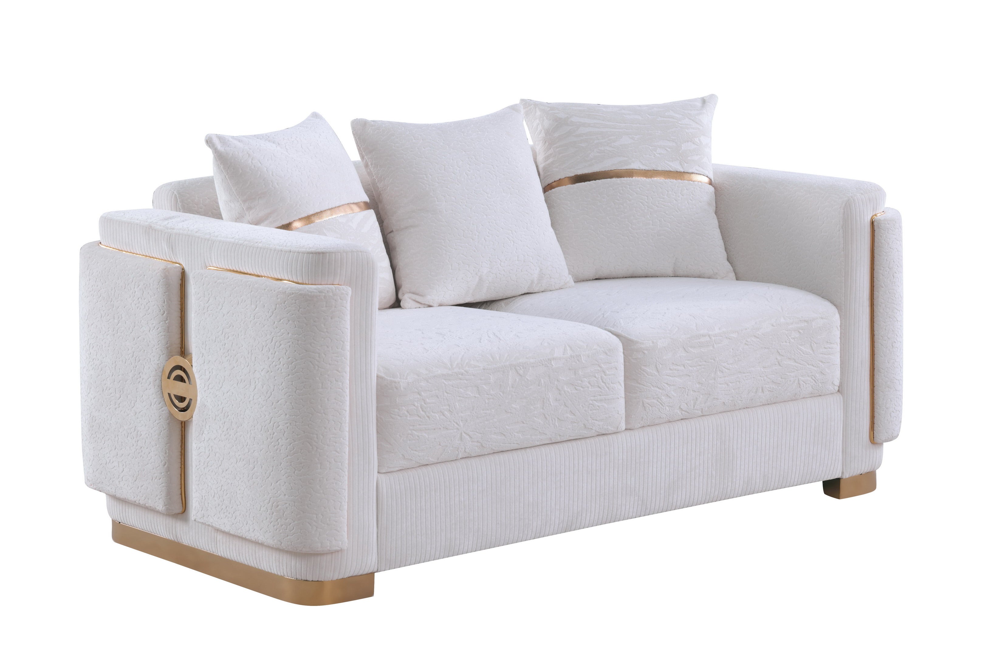 Capri white sofa collection with gold trim and designer pillows in a modern living room