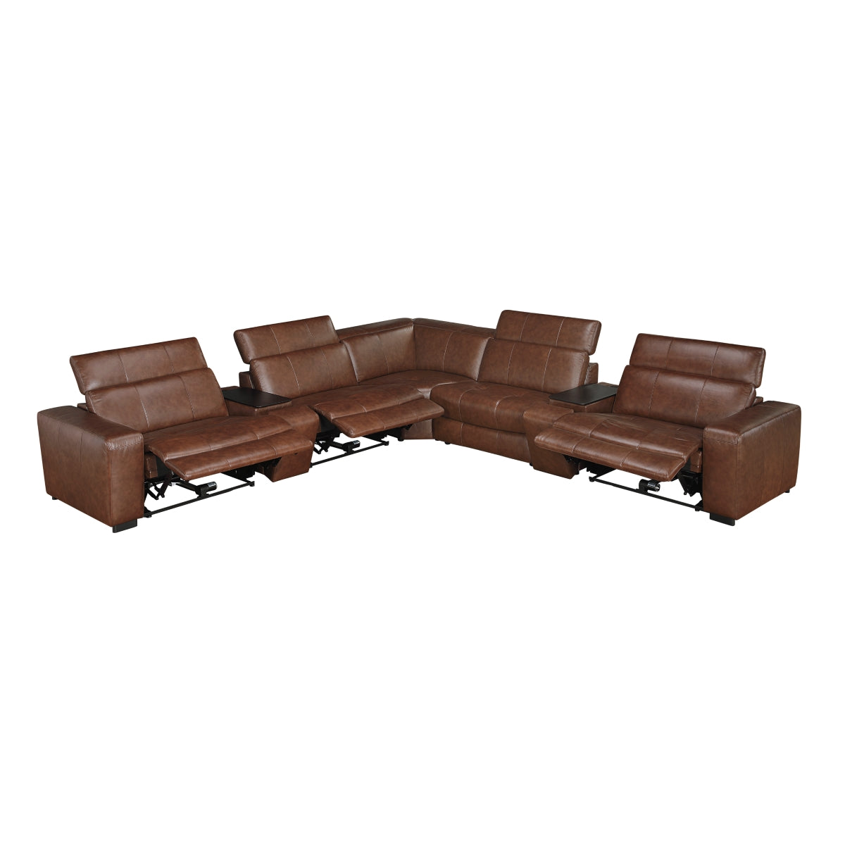 7-piece brown leather modular power reclining sectional sofa with headrests up and reclined