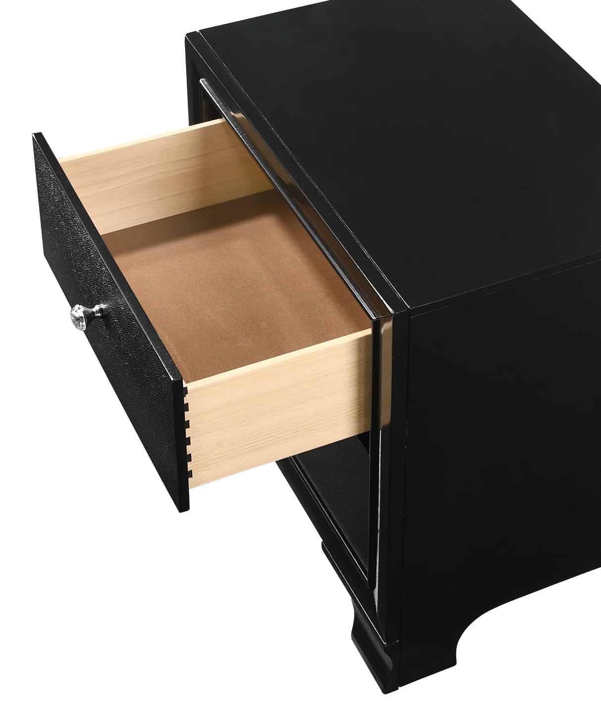 Micah black bedroom set with dresser, mirror, nightstand, and chest featuring crystal-style knobs