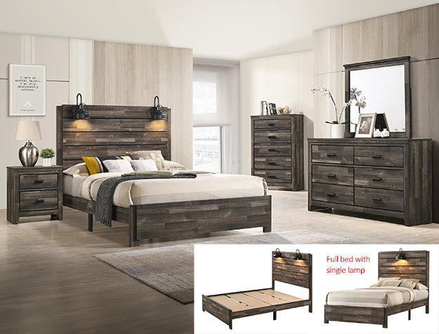 Carter rustic platform bed with plank headboard and built-in lamps in bedroom setting