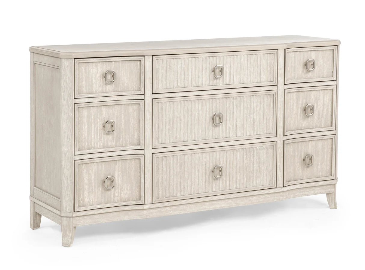 Napoli bedroom set with upholstered channel-tufted headboard bed and matching wood dresser