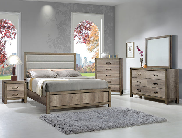 Matteo bed with upholstered headboard panel and wood-tone frame in a bedroom setting