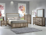 Matteo bedroom set with upholstered headboard bed, dresser, mirror, nightstand, and chest in weathered wood finish