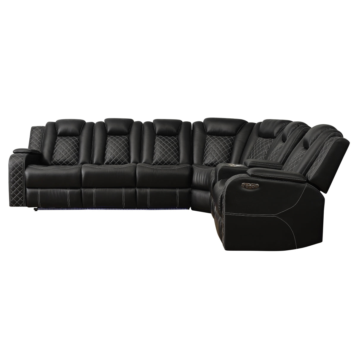 Black 3-piece reclining sectional sofa with LED accent lighting and diamond-stitched cushions