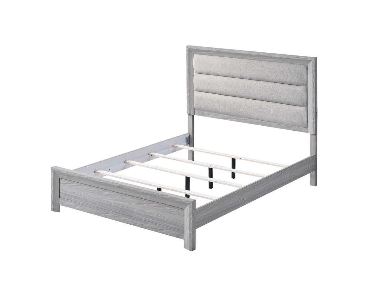 Adelaide grey wood bed frame with upholstered channel-tufted headboard and matching bedroom furniture