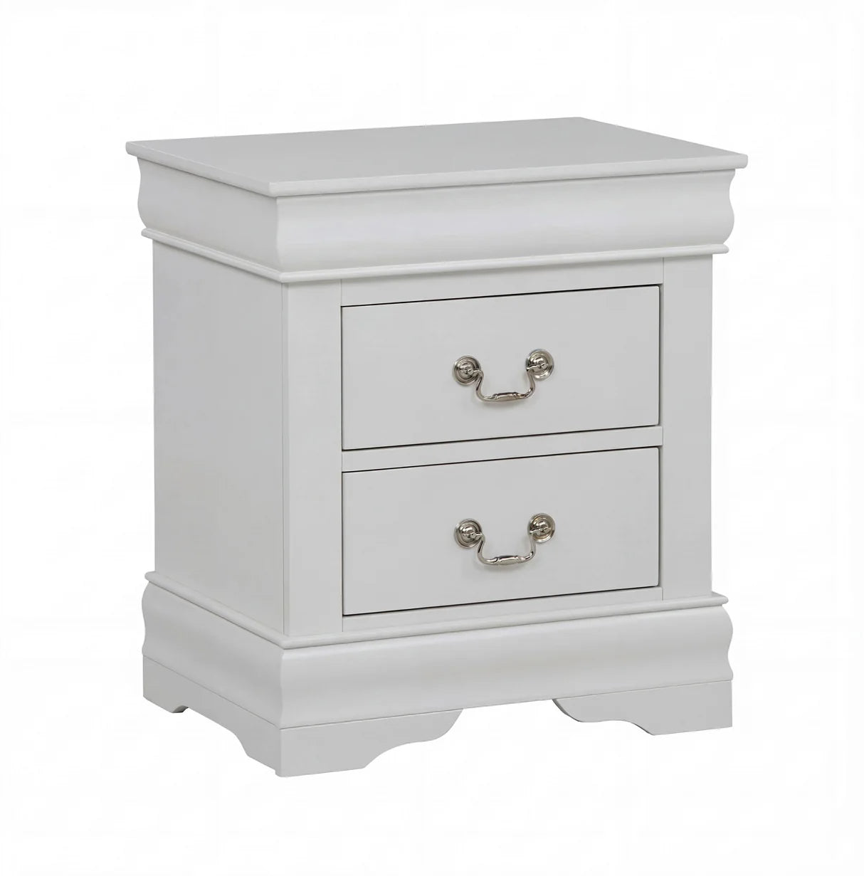 Louis white bedroom set with six-drawer dresser, beveled mirror, and two-drawer nightstand