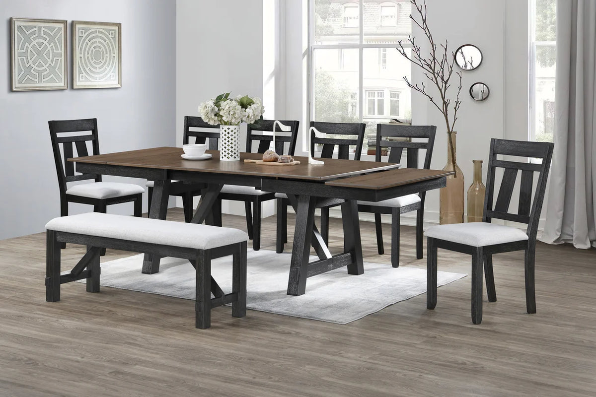 Maribelle two-tone trestle dining table with upholstered ladder-back chairs and bench