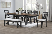 Maribelle two-tone trestle dining table with upholstered ladder-back chairs and bench